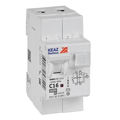 Выключатель автоматический дифференциального тока OptiDin D63-23C16-AC-У3 (2P, C16, 100mA, 4,5кА) | 328105 | КЭАЗ