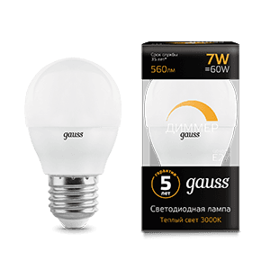 Лампа светодиодная LED 7Вт E27 220В 3000К шар, диммируемая | 105102107-D | Gauss