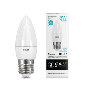 Лампа светодиодная LED 8Вт E27 220В 4100К Elementary свеча | 33228 | Gauss