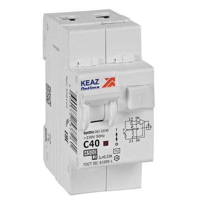 Выключатель автоматический дифференциального тока OptiDin D63-22C40-AC-У3 (2P, C40, 30mA, 4,5кА) | 328102 | КЭАЗ