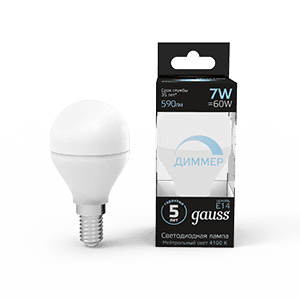 Лампа светодиодная LED 7Вт E14 220В 4100К шар, диммируемая | 105101207-D | Gauss