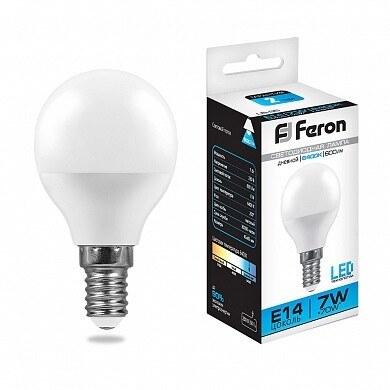 Лампа светодиодная LB-95 (7W) 230V E14 6400K G45 | 25480 | FERON