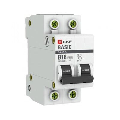 Выключатель автоматический двухполюсной 2P 16А (B) 4,5кА ВА 47-29 EKF Basic|mcb4729-2-16-B|EKF
