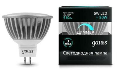 Лампа светодиодная LED 5Вт GU5.3-dim 220В 4100К MR16 диммируемая | 101505205-D | Gauss