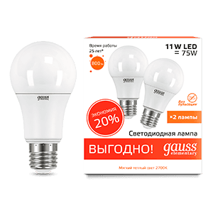 Лампа светодиодная LED 11Вт E27 220В 2700К А60 Elementary (2 лампы в упаковке) | 23211P | Gauss