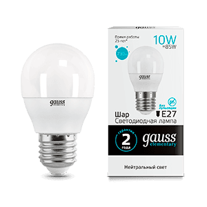 Лампа светодиодная LED Elementary Шар 10W E27 730lm 4100K | 53220 | Gauss