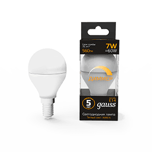 Лампа светодиодная LED 7Вт E14 220В 3000К шар, диммируемая | 105101107-D | Gauss