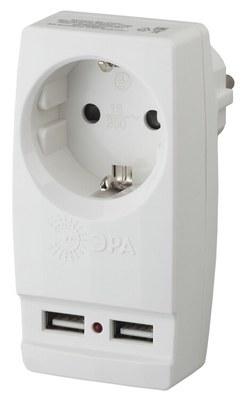 Адаптер SP-1e-USB-W "Polynom" 1гн 220V + 2xUSB 2100mA, c заземл, (белый) (10/60/1440) | Б0026332 | ЭРА