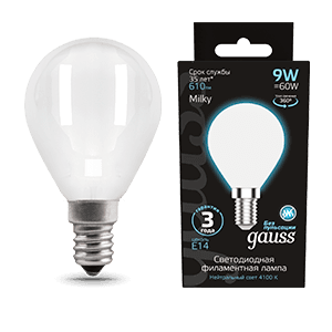 Лампа светодиодная Filament Шар 9W 610lm 4100К Е14 milky LED 1/10/50 | 105201209 | Gauss