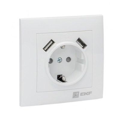 Валенсия розетка 1-местная с/з 16А белая с защ. штор. с 2 USB 2,1А EKF PROxima | EWR16-028-10-2USB | EKF
