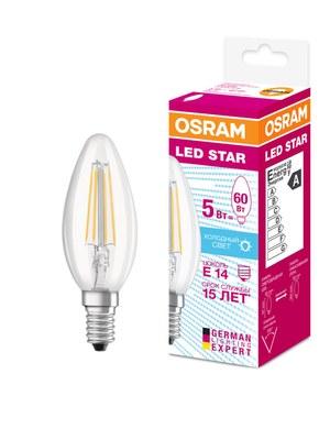 Лампа светодиодная филаментная LED STAR Classic B 5W, прозрачная колба, Е14 LEDSCLB50 5W/840 230V FIL E1410X1RU | 4058075116702 | Osram