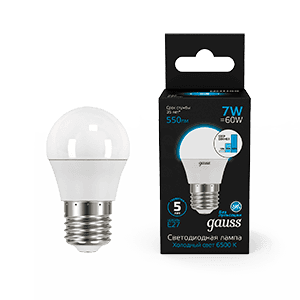 Лампа светодиодная Шар 7W 550lm 6500K Е27 шаг. диммирование LED 1/10/100 | 105102307-S | Gauss