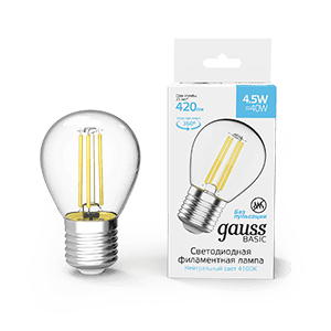 Лампа светодиодная Basic Filament Шар 4,5W 420lm 4100К Е27 LED 1/10/50 | 1051215 | Gauss