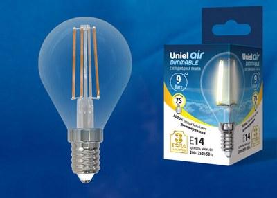Лампа светодиодная LED-G45-9W/3000K/E14/CL/DIM GLA01TR LED диммируемая. "шар", прозр серия Air. 3000K | UL-00005191 | Uniel
