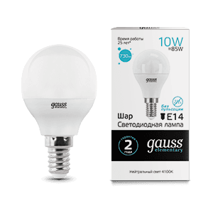 Лампа светодиодная LED 10Вт E14 220В 4100К Elementary шар | 53120 | Gauss