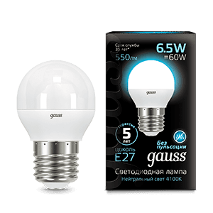Лампа светодиодная LED 6,5Вт E27 220В 4100К шар | 105102207 | Gauss