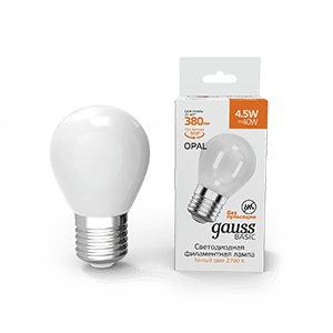 Лампа светодиодная Basic Filament Шар 4,5W 380lm 2700К Е27 milky LED 1/10/50 | 1055215 | Gauss