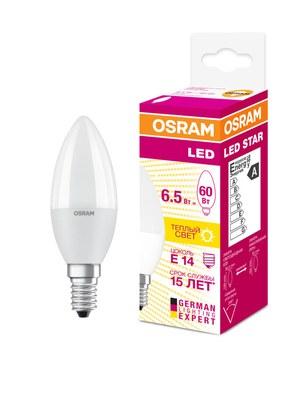 Лампа светодиодная LED LS CLB 60 6.5W/830 220-240V FR E14 550lm 240* 15000h свеча | 4058075134171 | Osram