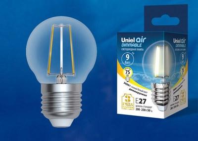 Лампа светодиодная LED-G45-9W/3000K/E27/CL/DIM GLA01TR LED диммируемая. "шар", прозр серия Air. 3000K | UL-00005193 | Uniel
