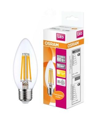Лампа светодиодная филаментная LED STAR Classic B 5W, прозрачная колба, Е27 LSCLB60 CL 5W/827 230V FILE2710X1RU | 4058075212398 | Osram