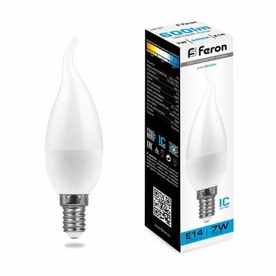 Лампа светодиодная, (7W) 230V E14 6400K на ветру C37T, LB-97 | 38135 | FERON