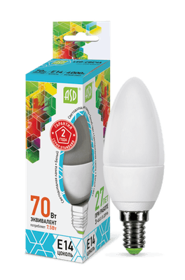 Лампа светодиодная LED-СВЕЧА-standard 7.5Вт 230В Е14 4000К 675Лм | 4690612003931 | ASD