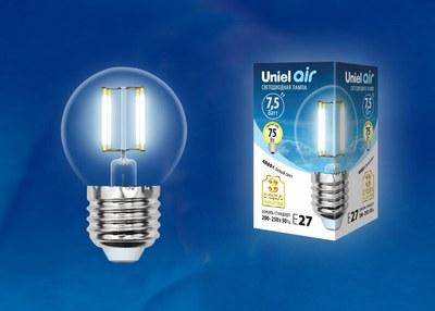Лампа светодиодная LED-G45-7,5W/NW/E27/CL GLA01TR LED. "шар", прозр серия Air. 4000K | UL-00003255 | Uniel