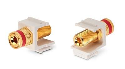 KJ1-BP/RD-HG-WH Вставка формата Keystone Jack с коннектором Binding Post (красный), Hex. type, gold plated, ROHS, белая | 248123 | Hyperline
