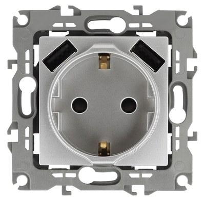 12-4109-03 Розетка 2P+E 16A-250В, штор. с 2xUSB 5В-3А, 12, алюминий (10/100/2000) | Б0047842 | ЭРА