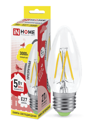 Лампа светодиодная LED-СВЕЧА-deco 5Вт 230В Е27 3000К 450Лм прозр | 4690612007588 | IN HOME